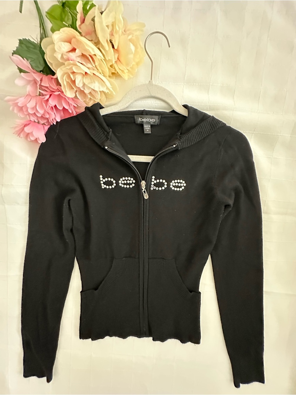 bebe NWOT Black Rhinestone Logo Zip-Up Cardigan Hoodie
